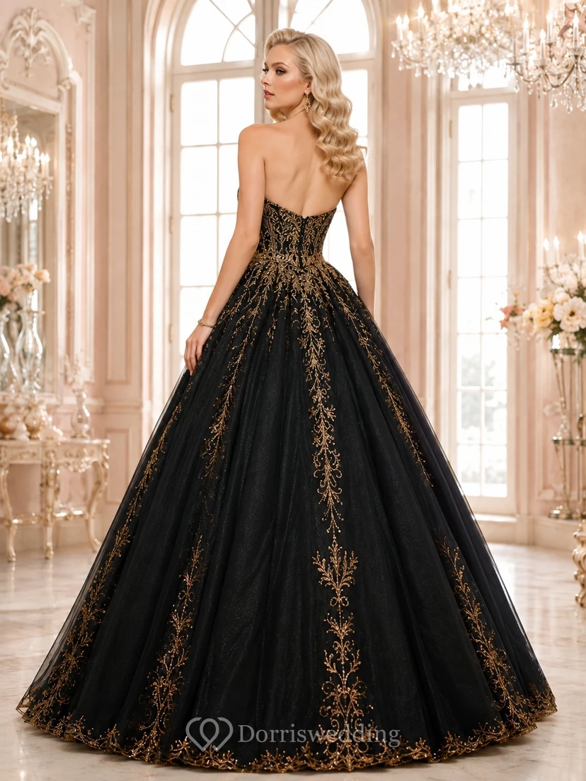Black Strapless Ball Gown Tulle Embroidered Floor-length Masquerade Dress view 2
