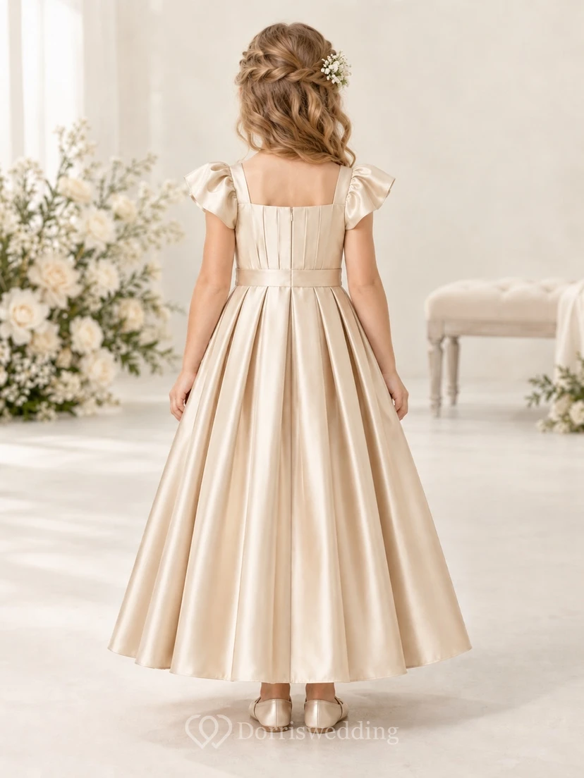 Simple Square-neck Champagne Ankle-length Satin Flutter-sleeve Tucked-bodice Banded Pleated Zipper-back Flower Girl Dress view 2