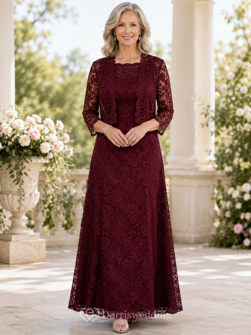 Wine Lace Floor-Length A-Line Modest Mother of the Bride Gown with Scoop Neck Three-Quarter Sleeve Jacket