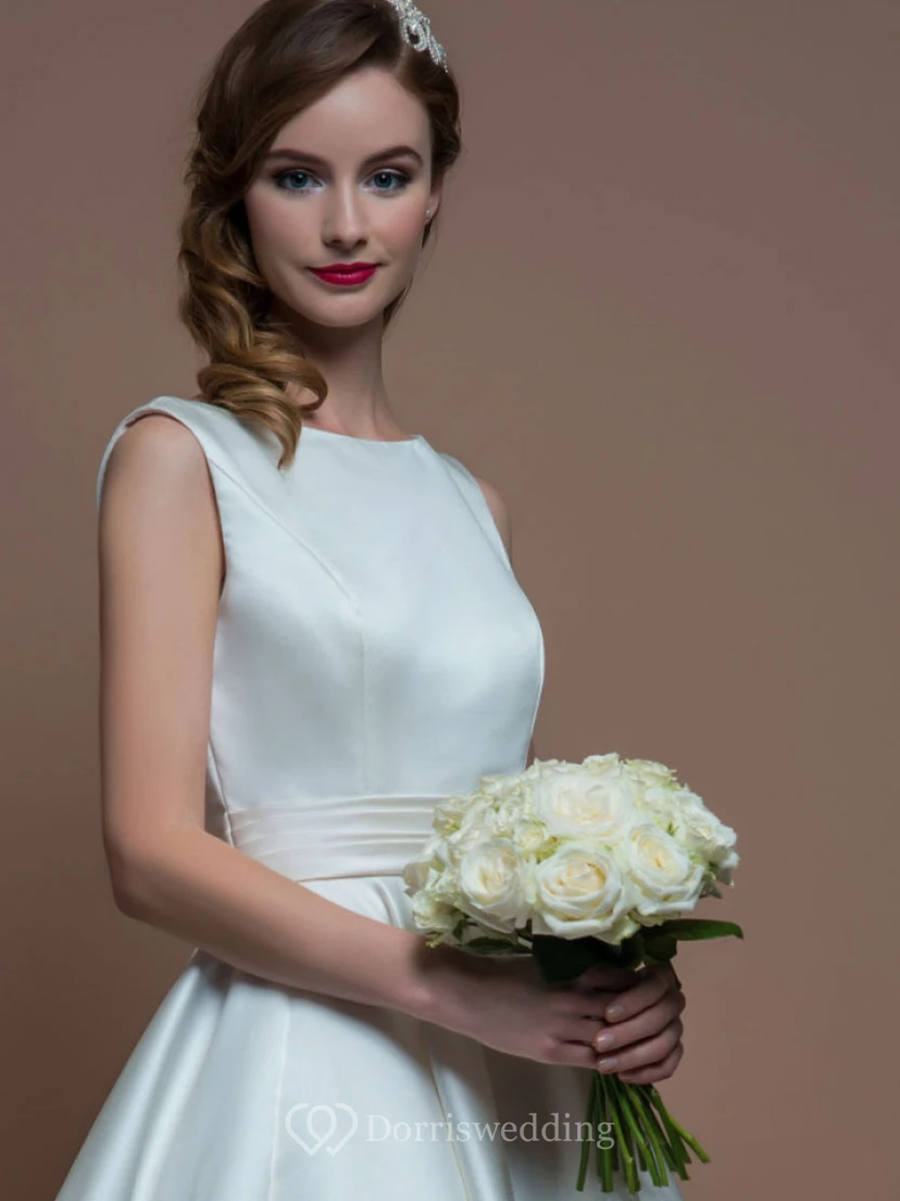 A-Line Jewel-Neck Sleeveless Tea-Length Satin Short Wedding Dress With V Back view 3