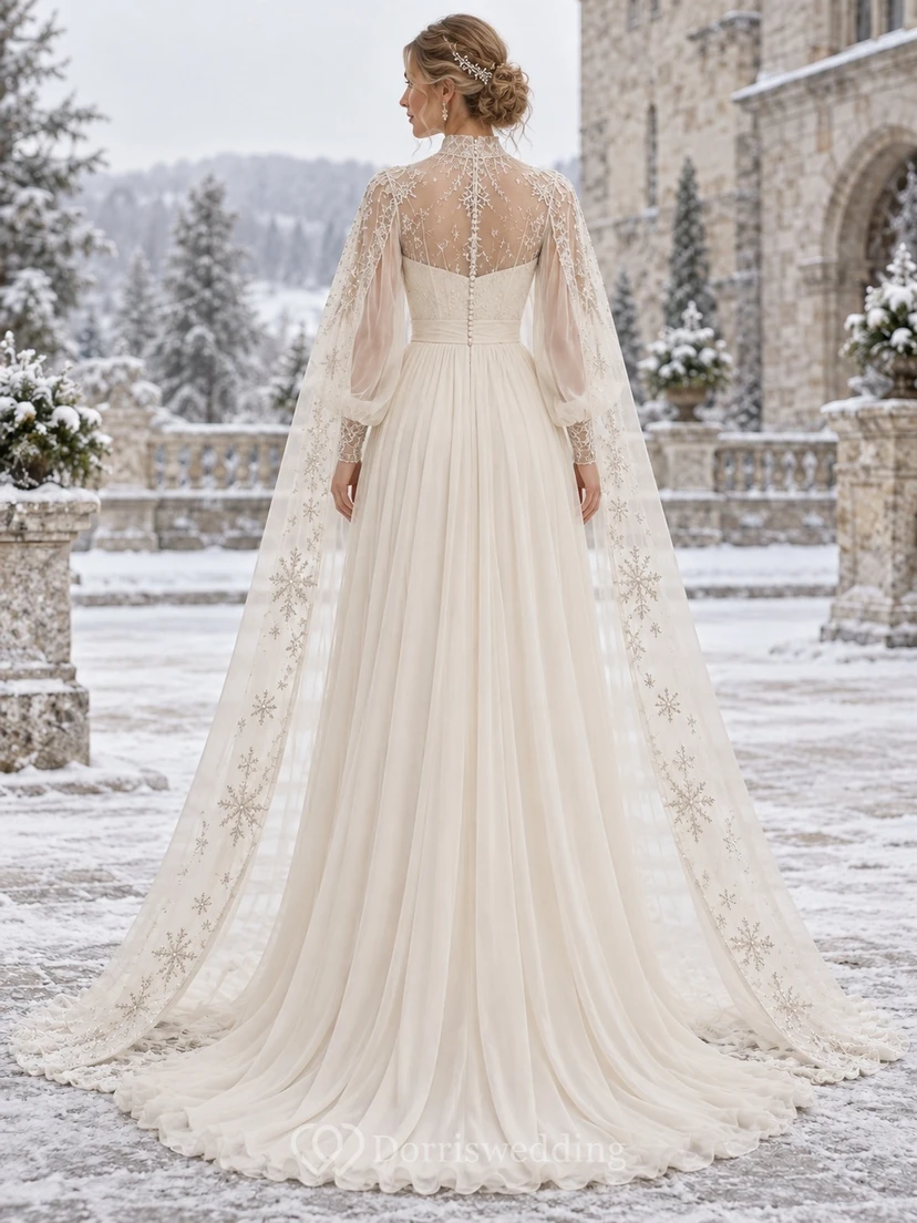 Elegantes, langärmeliges Brautkleid mit Stehkragen aus Chiffon und Spitze view 2