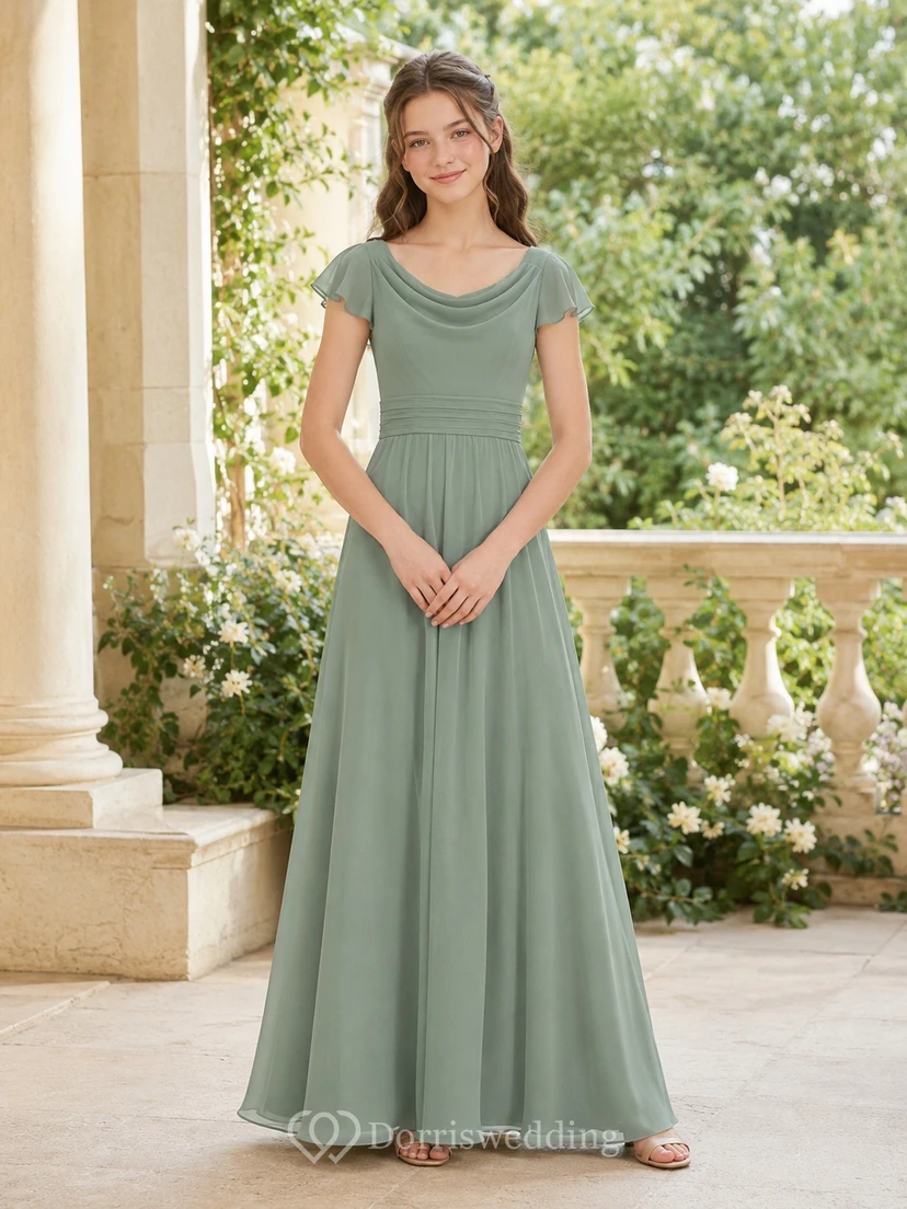 Vestido de dama de honor juvenil color celadón, corte en A, cuello drapeado, manga corta, gasa con forma de pétalo, estilo romántico.