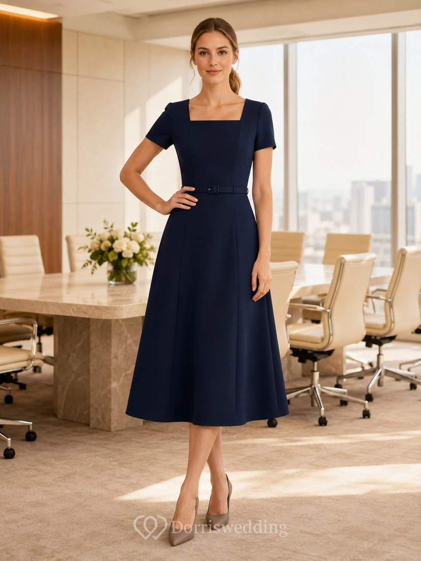Marineblaues Business-Midikleid mit eckigem Ausschnitt, kurzen Ärmeln und A-Linien-Schnitt