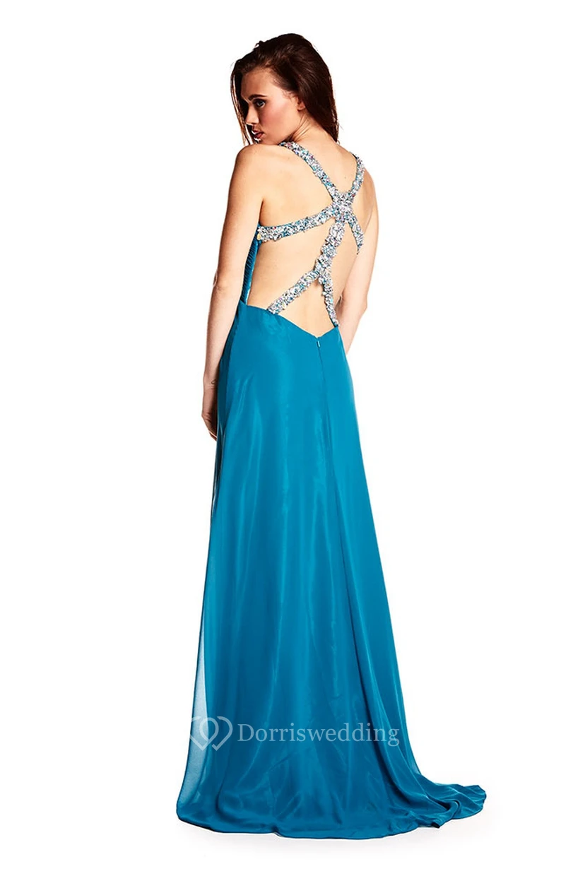 A-Line Ruched Sleeveless Floor-Length Empire Chiffon Prom Dress With Straps And Beading view 2