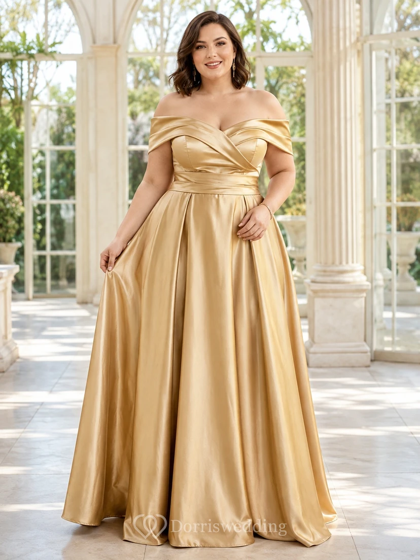 Gold Plus Size Off Shoulder Satin Ball Gown Formal Evening Dress