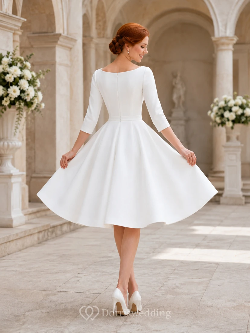 Vestido de novia de corte A vintage de satén con escote barco y mangas largas hasta la rodilla view 2