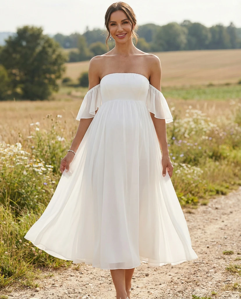 Robe de mariée de maternité bustier longueur thé avec manches papillon épaules dénudées