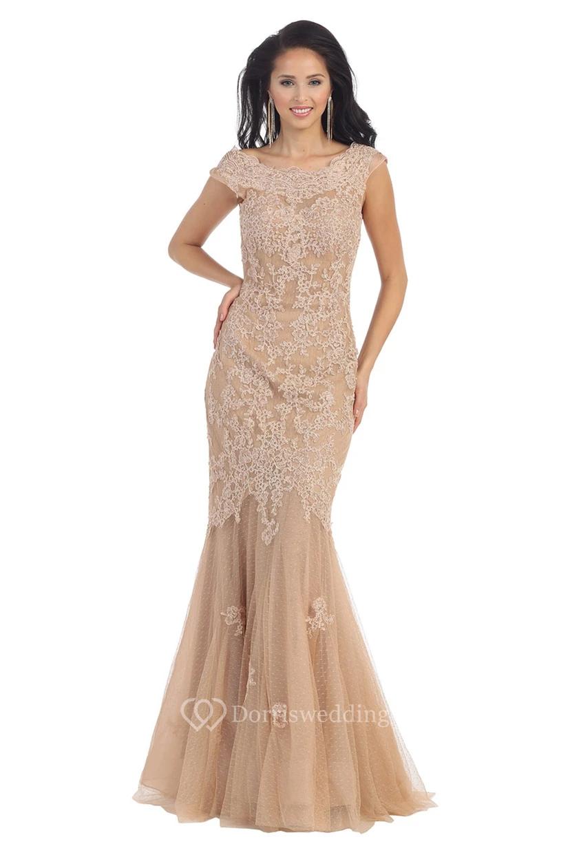 Mermaid Long Scoop-Neck Short Sleeve Tulle Low-V Back Dress With Appliques And Pleats