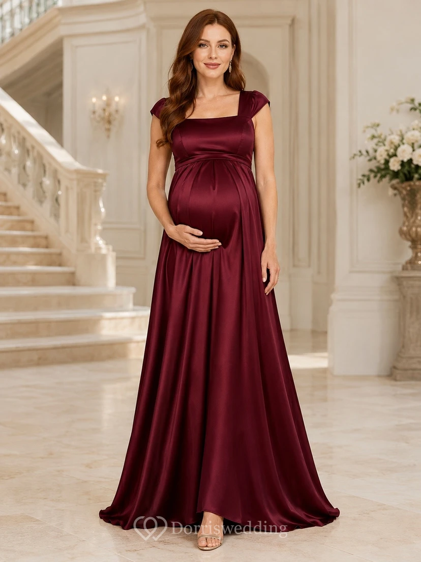 Robe de maternité longue en satin bordeaux à col carré et col carré