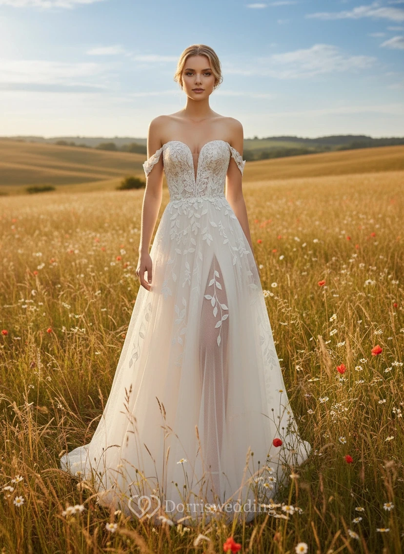 Robe de mariée en tulle vaporeux brodé, épaules dénudées