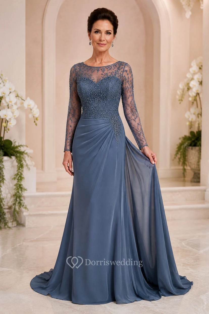MOB-Kleid, stahlblau, Chiffon, Spitze, A-Linie, lange Ärmel, U-Boot-Ausschnitt, bodenlang, drapiert