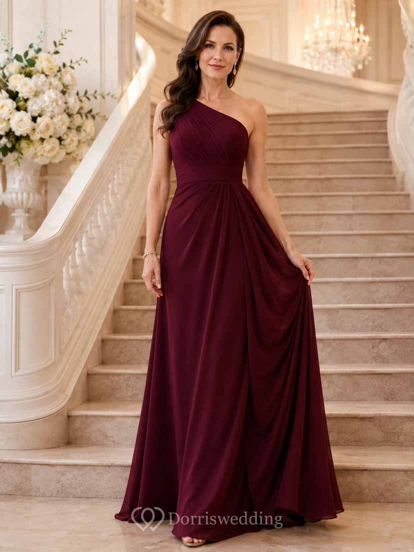 Burgundy One Shoulder Sleeveless Draped Chiffon A-Line Floor Length Mother Dress