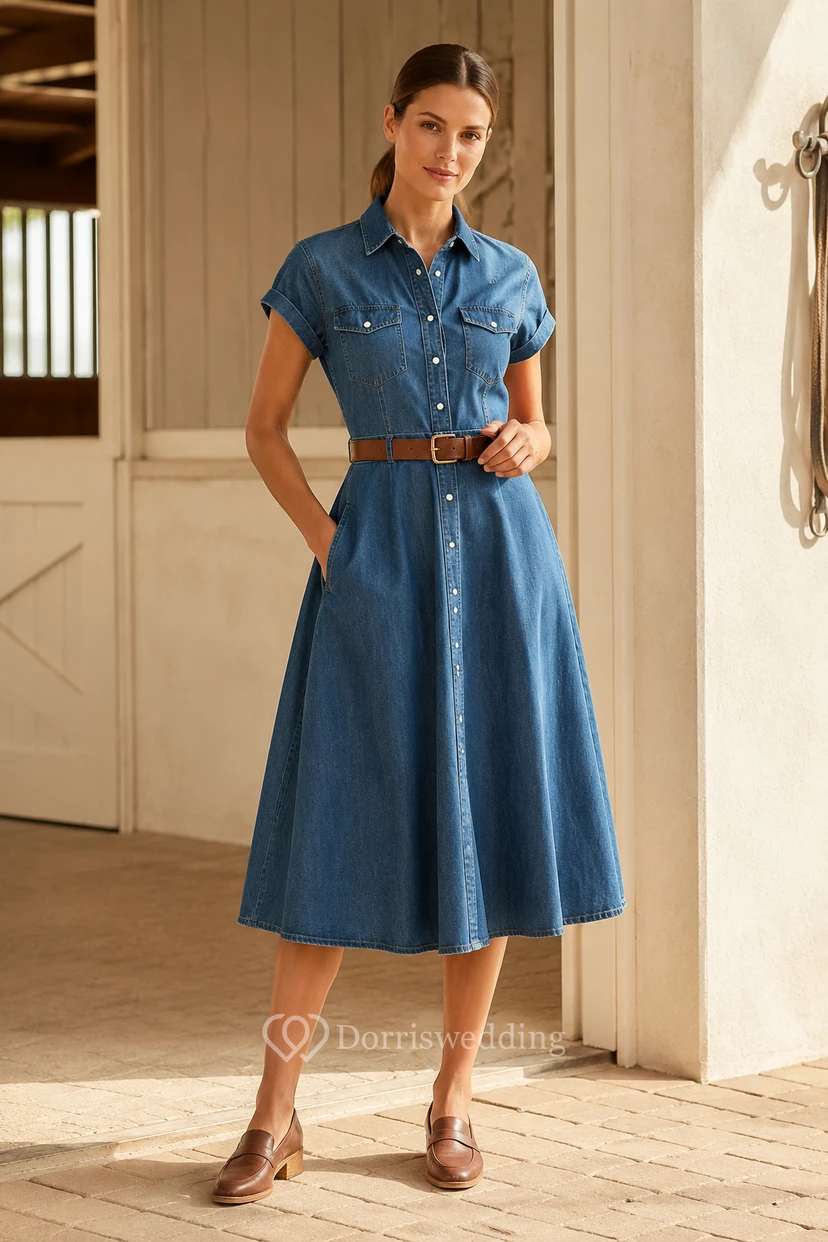Robe-chemise bleu acier boutonnée sur le devant avec ceinture et jupe trapèze longueur thé