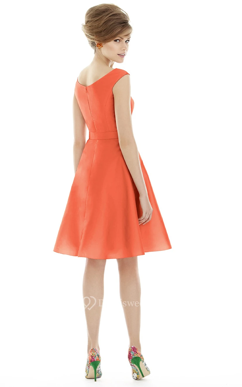 Graceful A-Line Bateau Satin Dress with Waistband and Pleats view 2