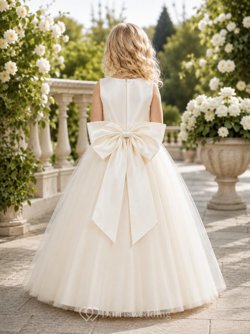Tüllkleid mit übergroßer Schleife am Rücken, A-Linien-Schnitt aus Satin für Blumenmädchen, Rundhalsausschnitt und bodenlangem Rock view 2