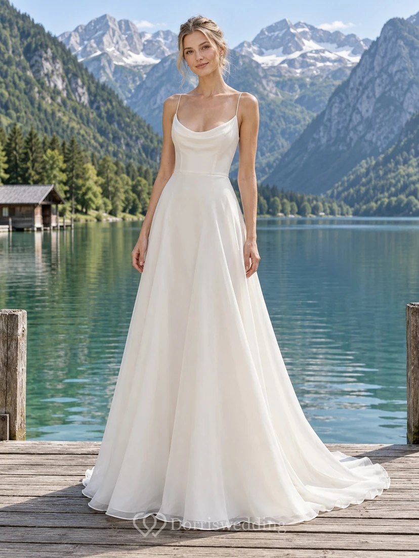 Vestido de novia sencillo de organza, corte en A, sin mangas y con cola.