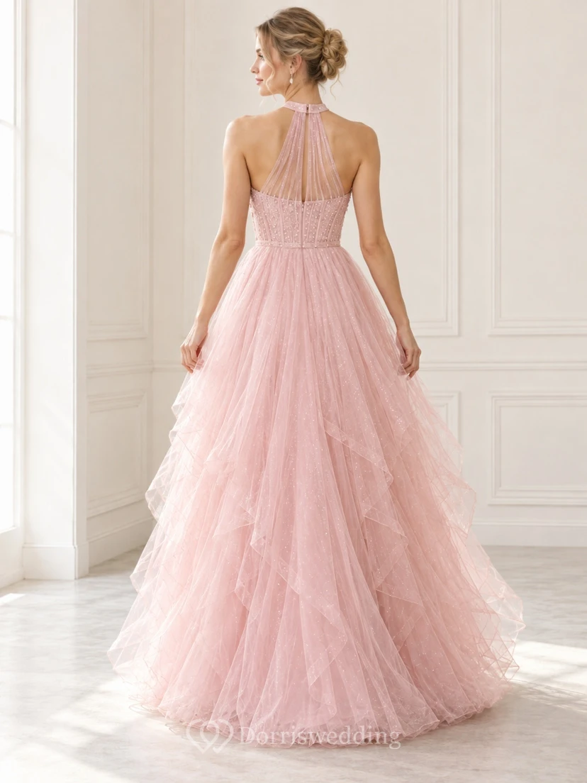Blush Halter Sweetheart Lace Bodice Layered Tulle Long Prom Dress view 2
