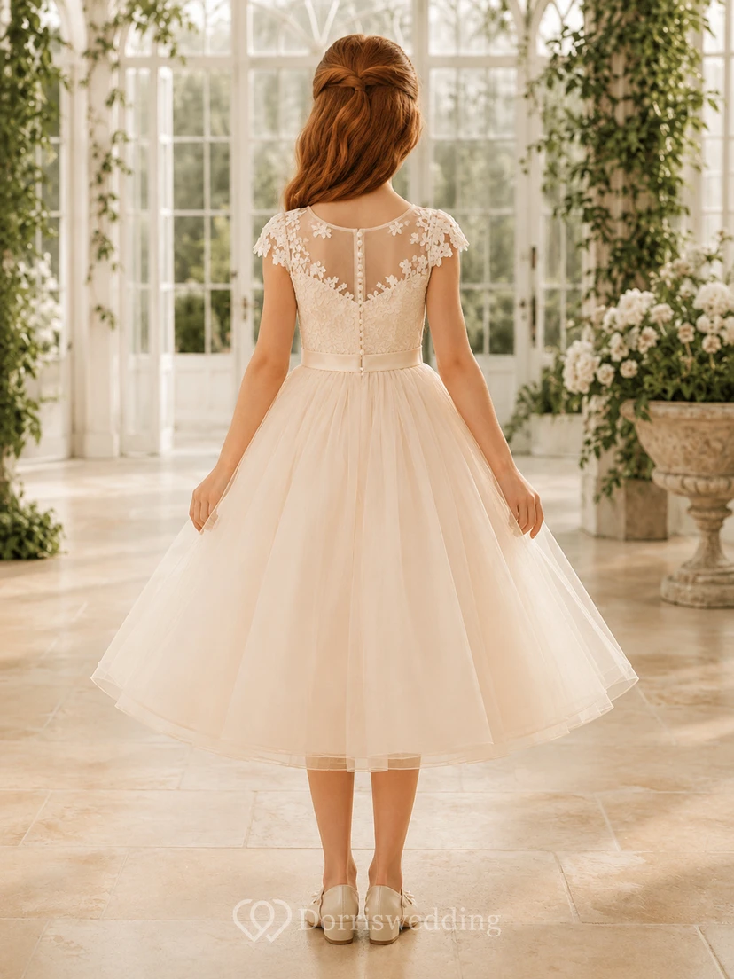 Cap Sleeve Lace Tulle A-Line Flower Girl Dress with Jewel Neck and Tea-Length Skirt view 2