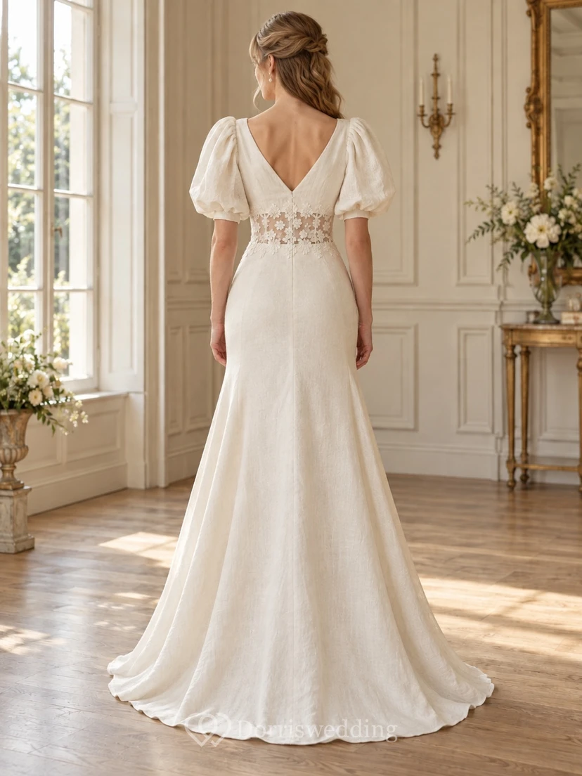 Robe de mariée sirène en lin, col V, manches bouffantes, taille en dentelle view 2