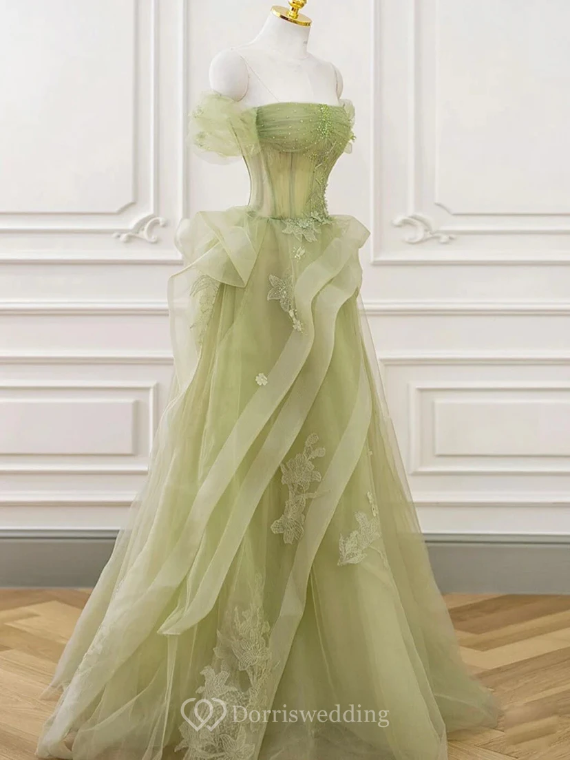 Mint Green Asymmetrical Tulle Gown with Embroidery view 5