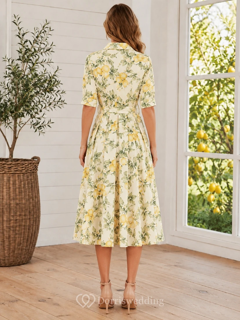 Lemon Floral V-Neck Short Sleeve Chiffon A-Line Ankle-Length Dress view 2