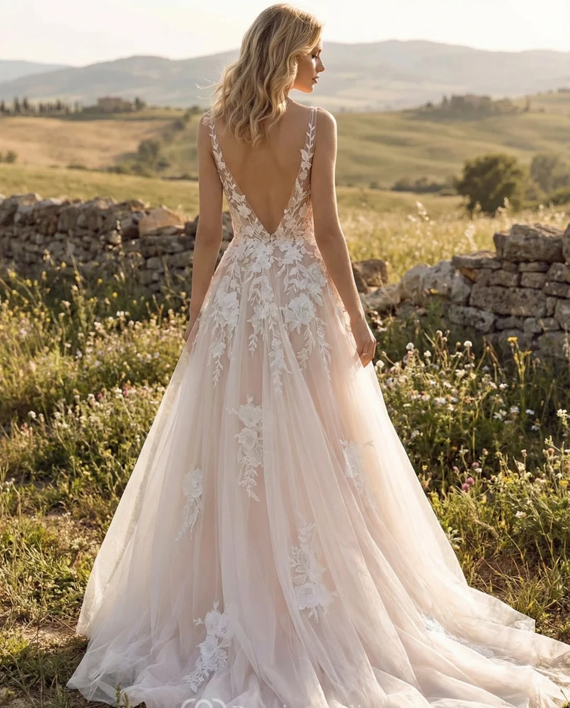Robe de mariée trapèze en dentelle rose poudré avec col en V et appliques florales view 2
