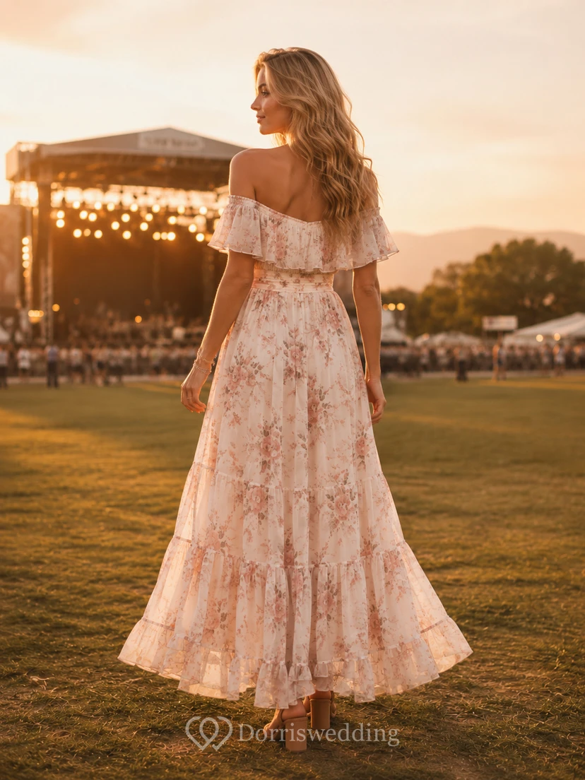 Cream Floral Off Shoulder Boho Outdoor Concert Maxi Dress view 2