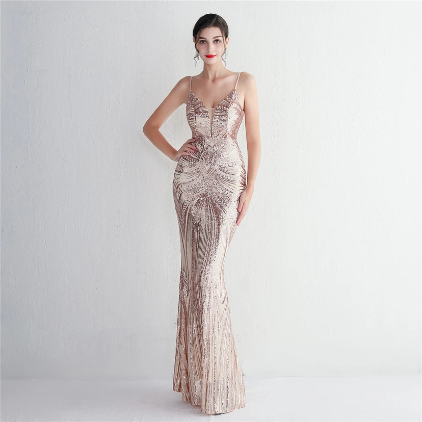 Vestido largo de noche con lentejuelas y tirantes de flores, ajustado, elegante y de estilo sofisticado. view 27