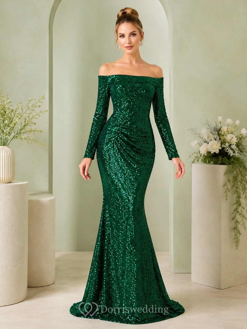 Emerald Sequin Off-the-shoulder Long Sleeve Mermaid Floor-length Formal Gown