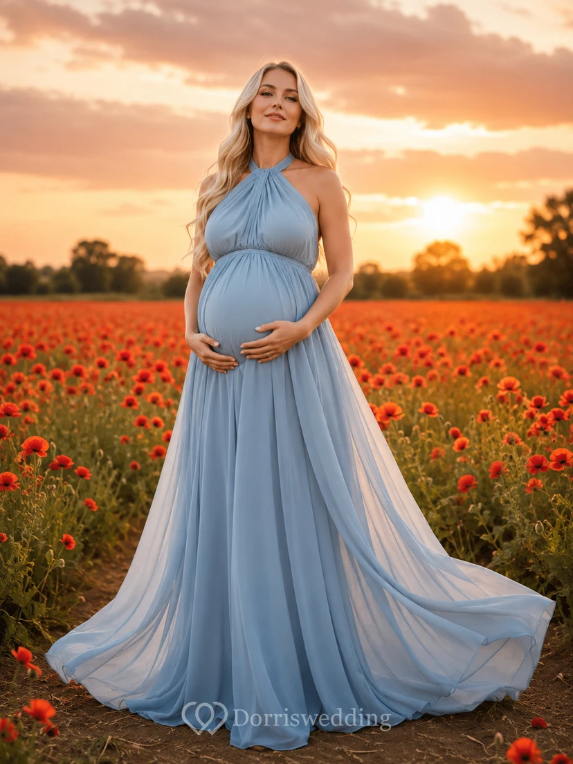 Maternity Sky Blue Halter Chiffon Flower Field Gown
