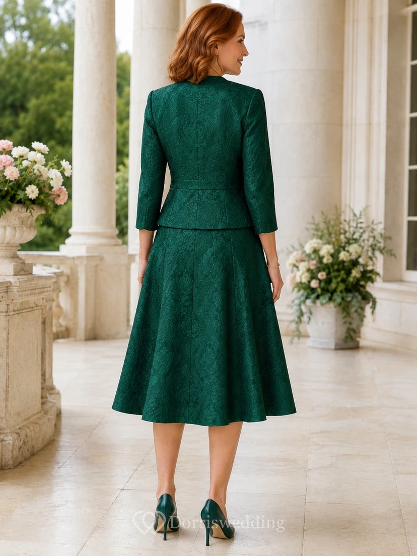 Dunkelgrünes, strukturiertes A-Linien-Jackett mit Rundhalsausschnitt und 3/4-Ärmeln in Teelänge – ideal als Mutterkleid view 2