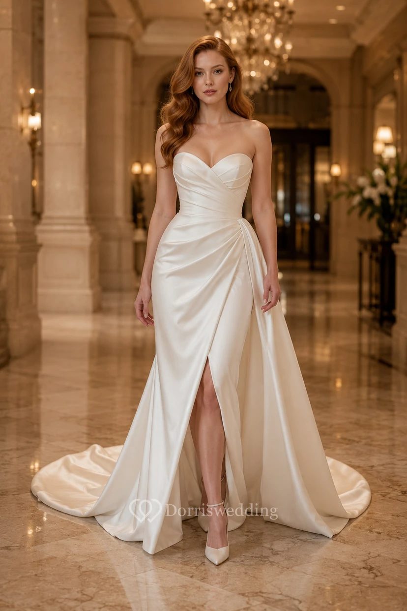 Brautkleid aus Satin, A-Linie, trägerlos, Herzausschnitt, Schleppe