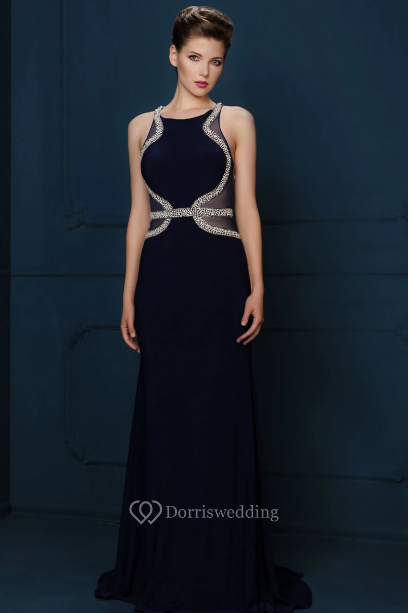 Sleeveless Beaded Scoop Neck Chiffon Evening Dress With Brush Train