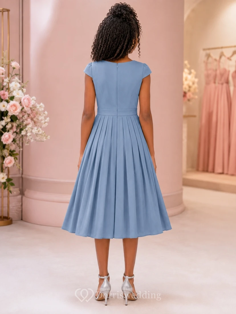 Stahlblaues Brautjungfernkleid für junge Damen, A-Linie, eckige kurze Ärmel, plissiert view 2