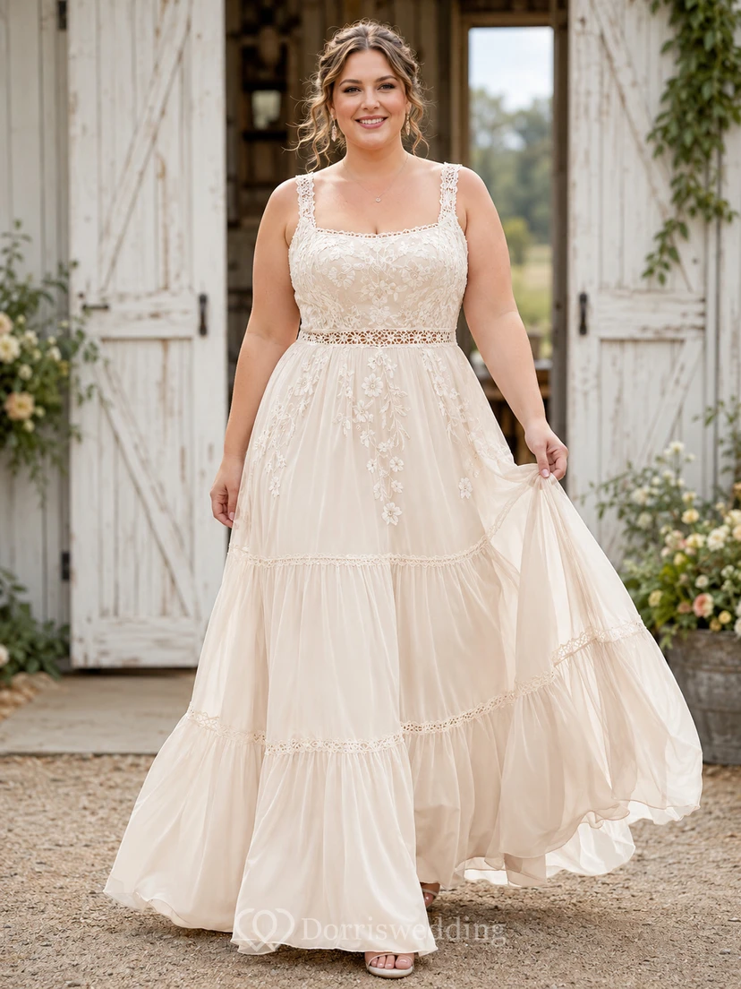Vestido de novia bohemio de encaje y tul, corte en A, escote cuadrado, sin mangas y cola larga.