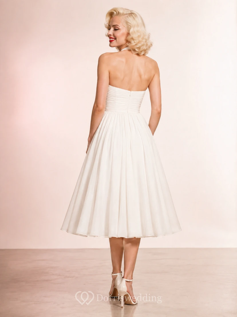 White Halter Sweetheart Tea Length Marilyn Cocktail Party Dress Chiffon view 2