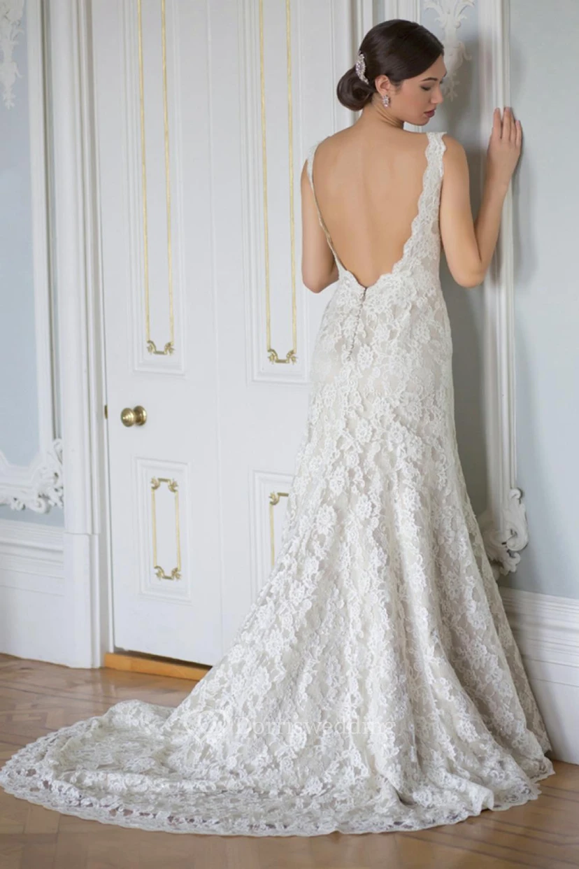 Meerjungfrauen-Brautkleid aus Spitze, ärmellos, mit V-Ausschnitt und rückenfreiem Design view 2