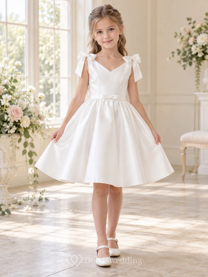 Simple Short White Sleeveless V-neck Shoulder Bow Gathered Satin Sashed A-Line Flowergirl Dress