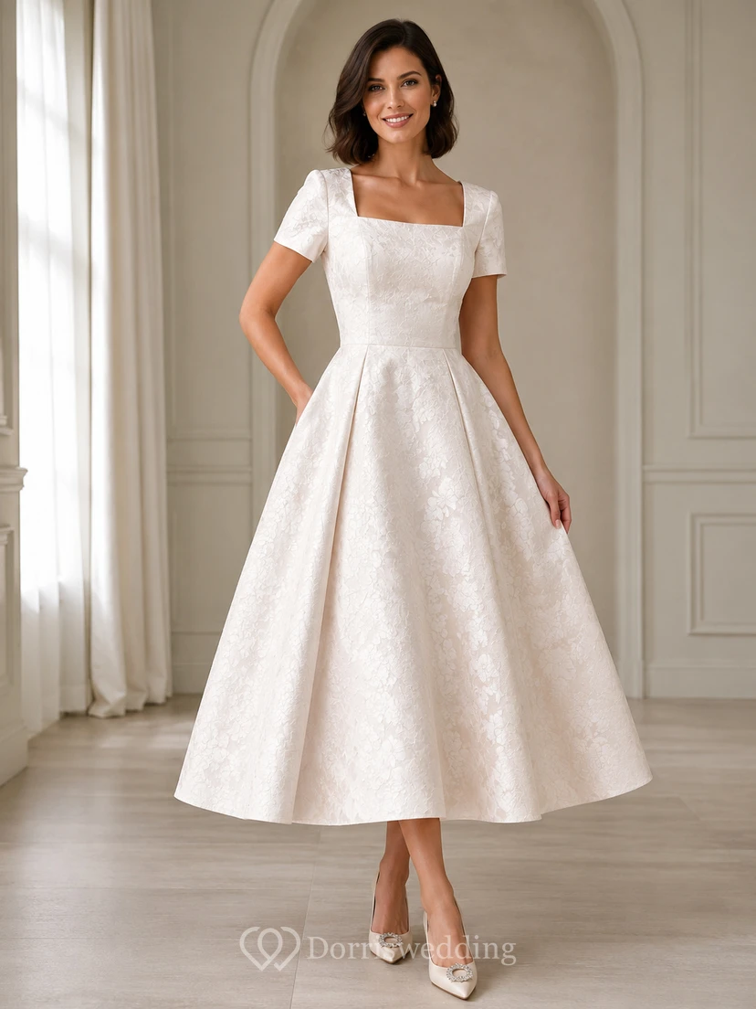 Vestido de recepción nupcial vintage de satén con escote cuadrado y manga corta, largo hasta la rodilla.