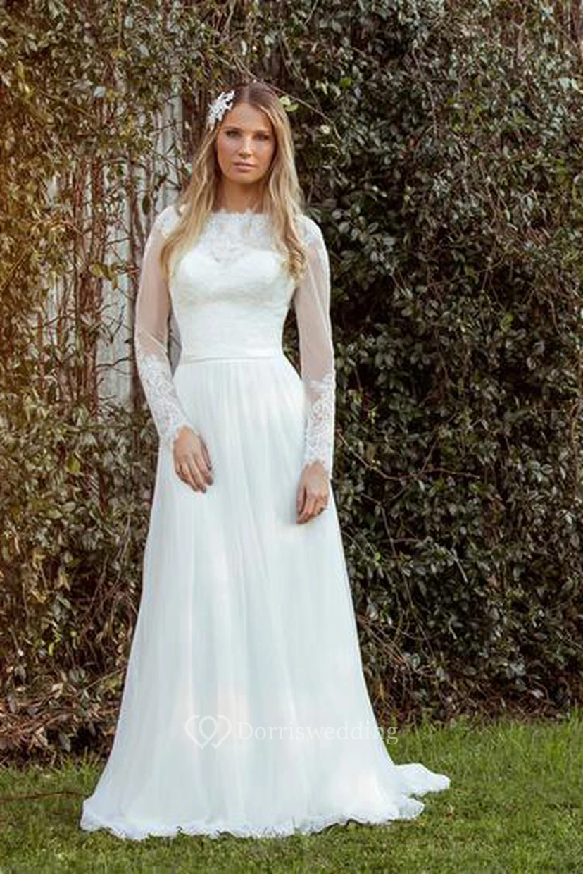 Etuikleid aus Chiffon mit langen Ärmeln, Rundhalsausschnitt und Illusionseffekt view 3