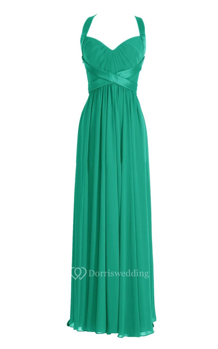 Halter Pleated Chiffon A-line Gown With Deep-v Back view 4