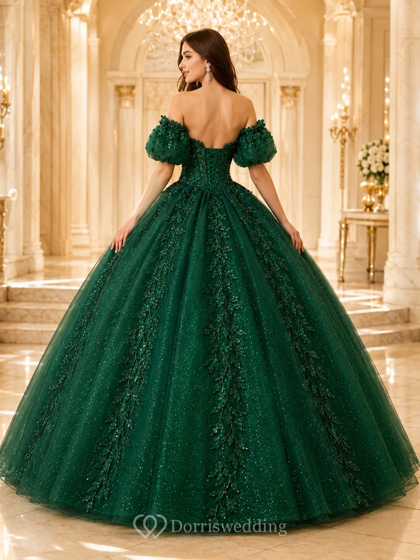 Vestido de fiesta de quinceañera largo hasta el suelo, color verde oscuro, con hombros descubiertos, mangas abullonadas y lentejuelas, de la marca Emerald-Star. view 2