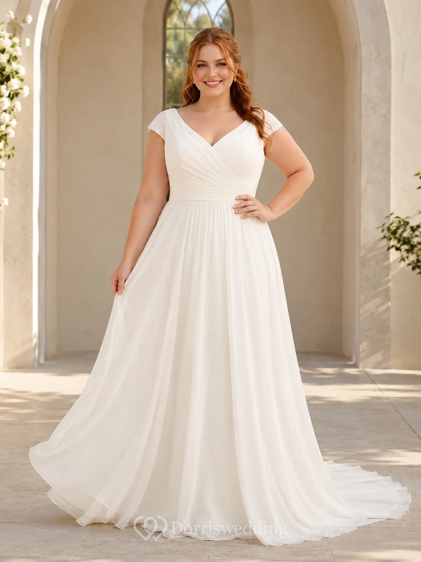 Lace Tulle Wedding Dress A-Line V-Neck Sleeveless Chapel Train Bridal Gown