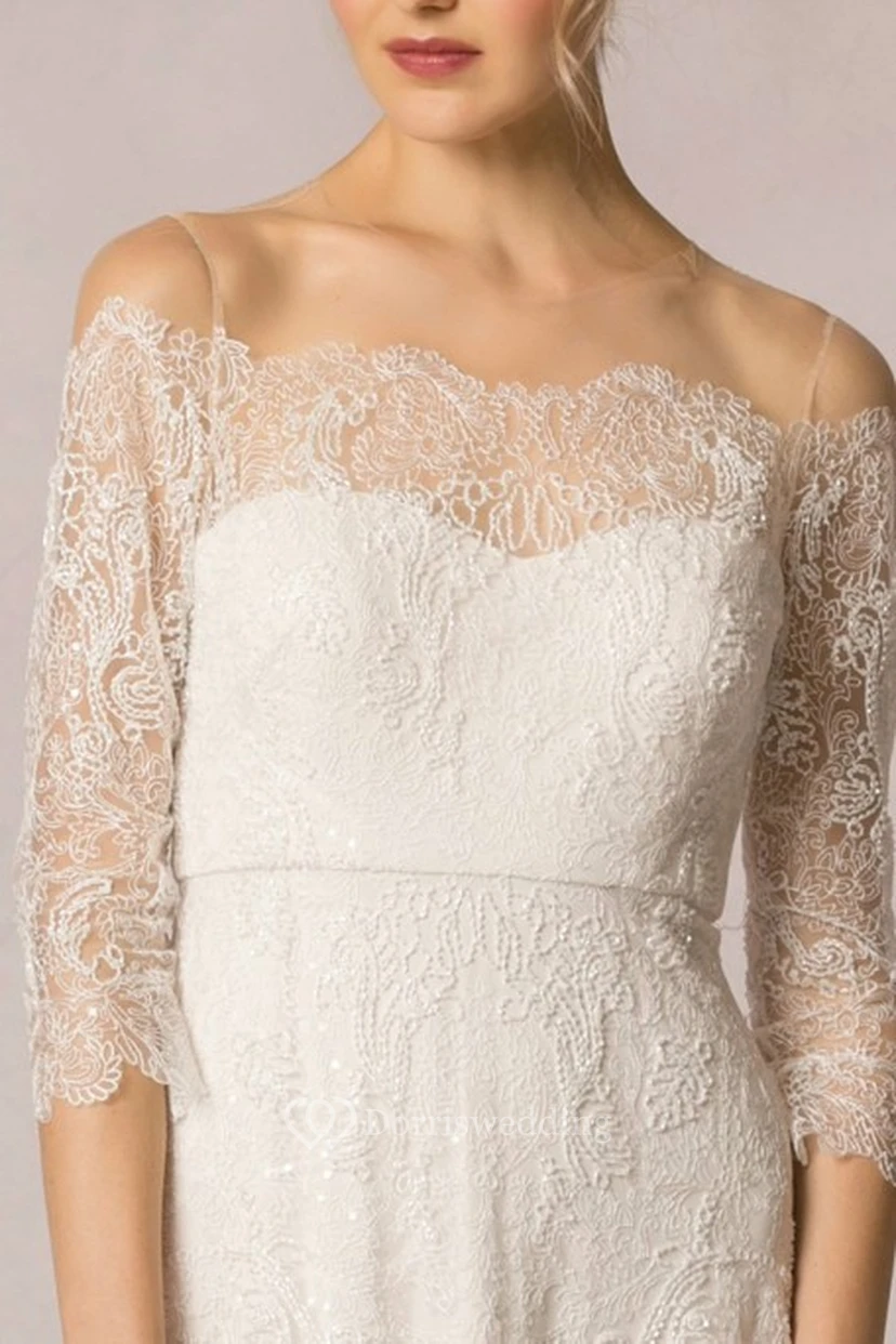 Vestido de novia de encaje largo hasta el suelo con escote Bardot y mangas 3-4 view 3