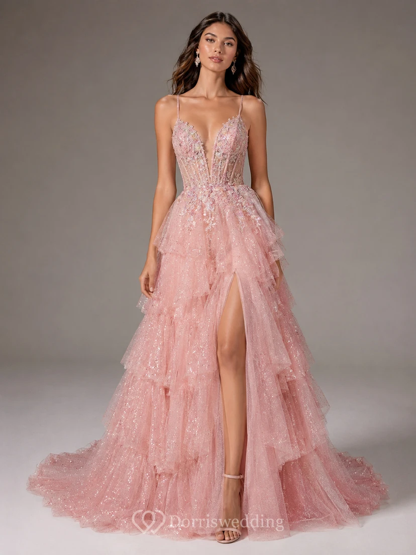 Blush Layered Tulle Ruffle Formal Gown with Split