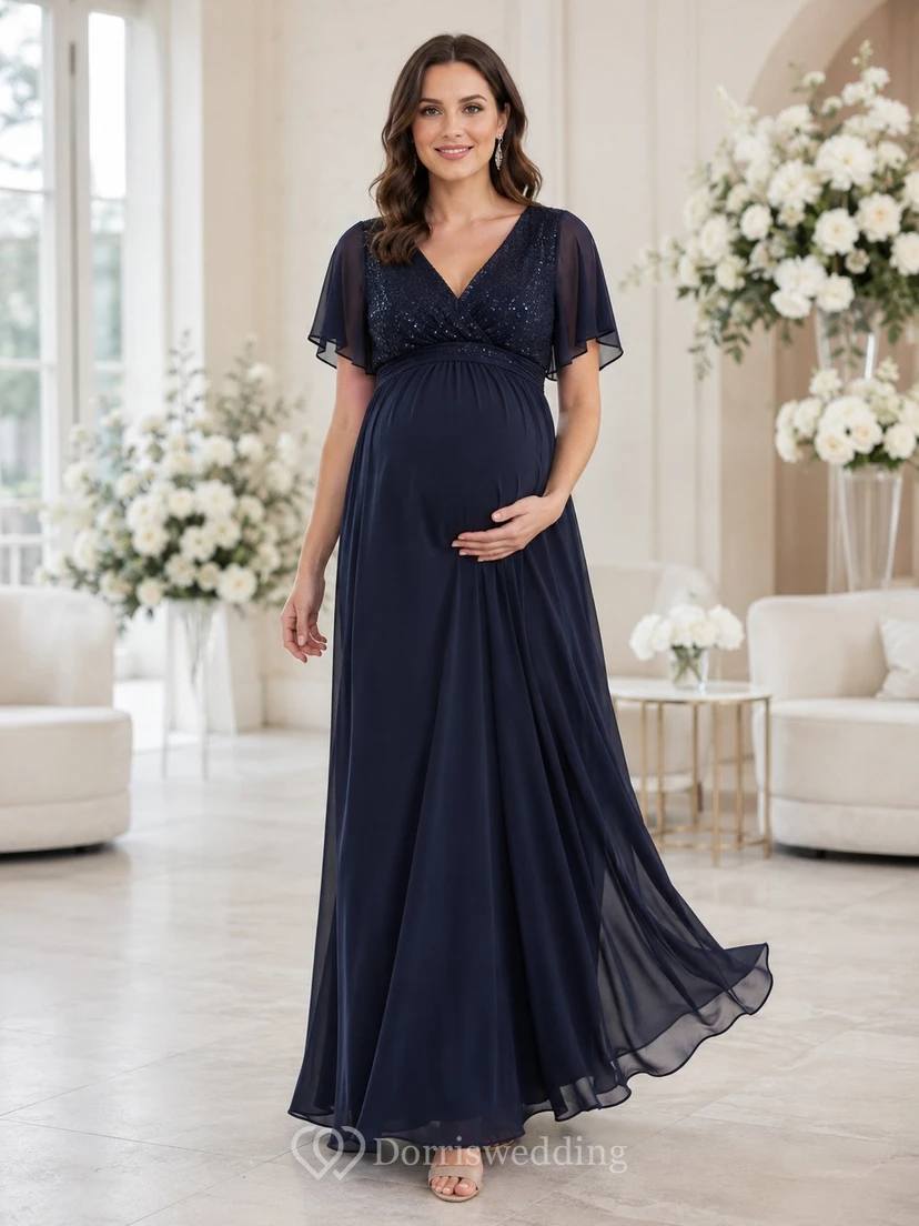 Dark Navy V-Neck Short Sleeve Chiffon Empire Maternity Gown