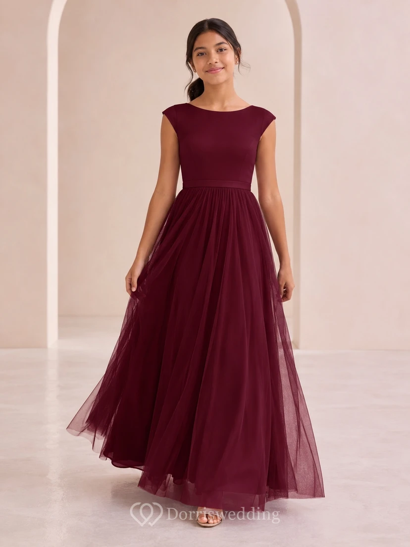 Vestido de dama de honor juvenil Mulberry, corte en A, escote redondo, manga corta, plisado, estilo romántico.