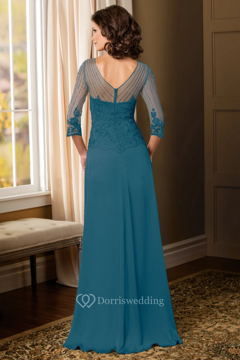 Sheath Appliqued Illusion-Sleeve V-Neck Floor-Length Chiffon Mother Of The Bride Dress With Waist Jewellery view 2