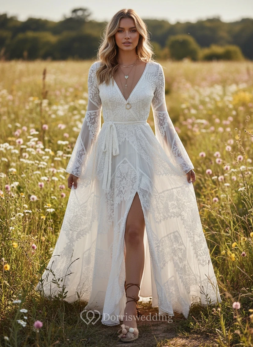 Weißes Boho-Maxi-Brautkleid aus Spitze mit langen Glockenärmeln und hohem Schlitz video preview