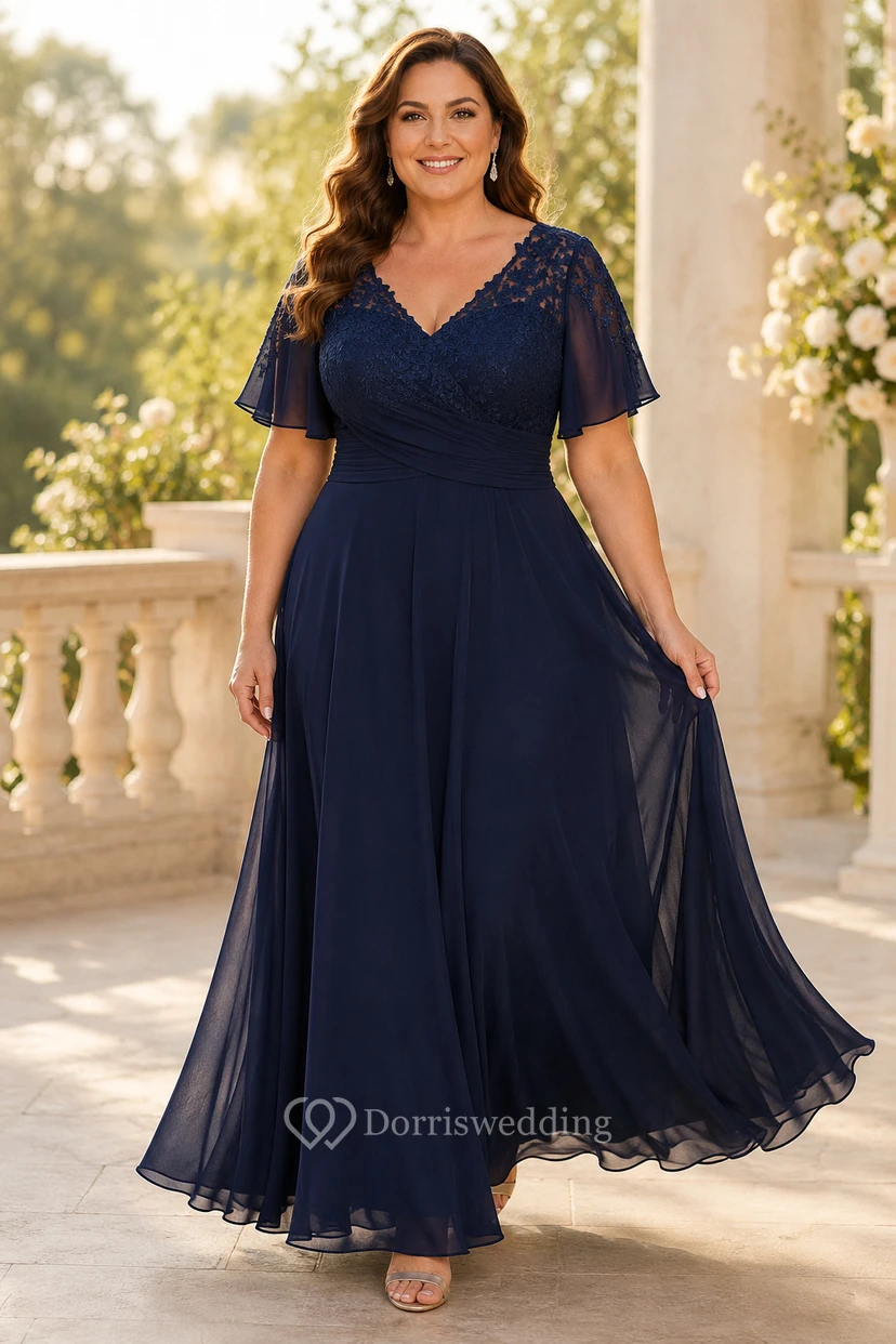 MOB Dress Dark Navy Chiffon Lace A-Line Short Sleeve V-Neck Floor Length Pleated